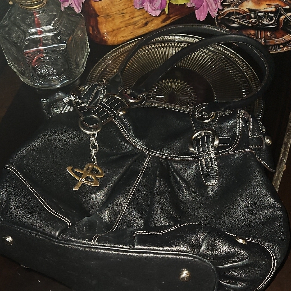 b. makowsky Black Leather Shoulder Bag, Heavy Silver Hardware&White Stitching